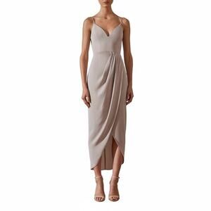 Shona Joy Luxe V-Neck Gathered Midi Dress Champagne Beige Wedding Guest Size 4